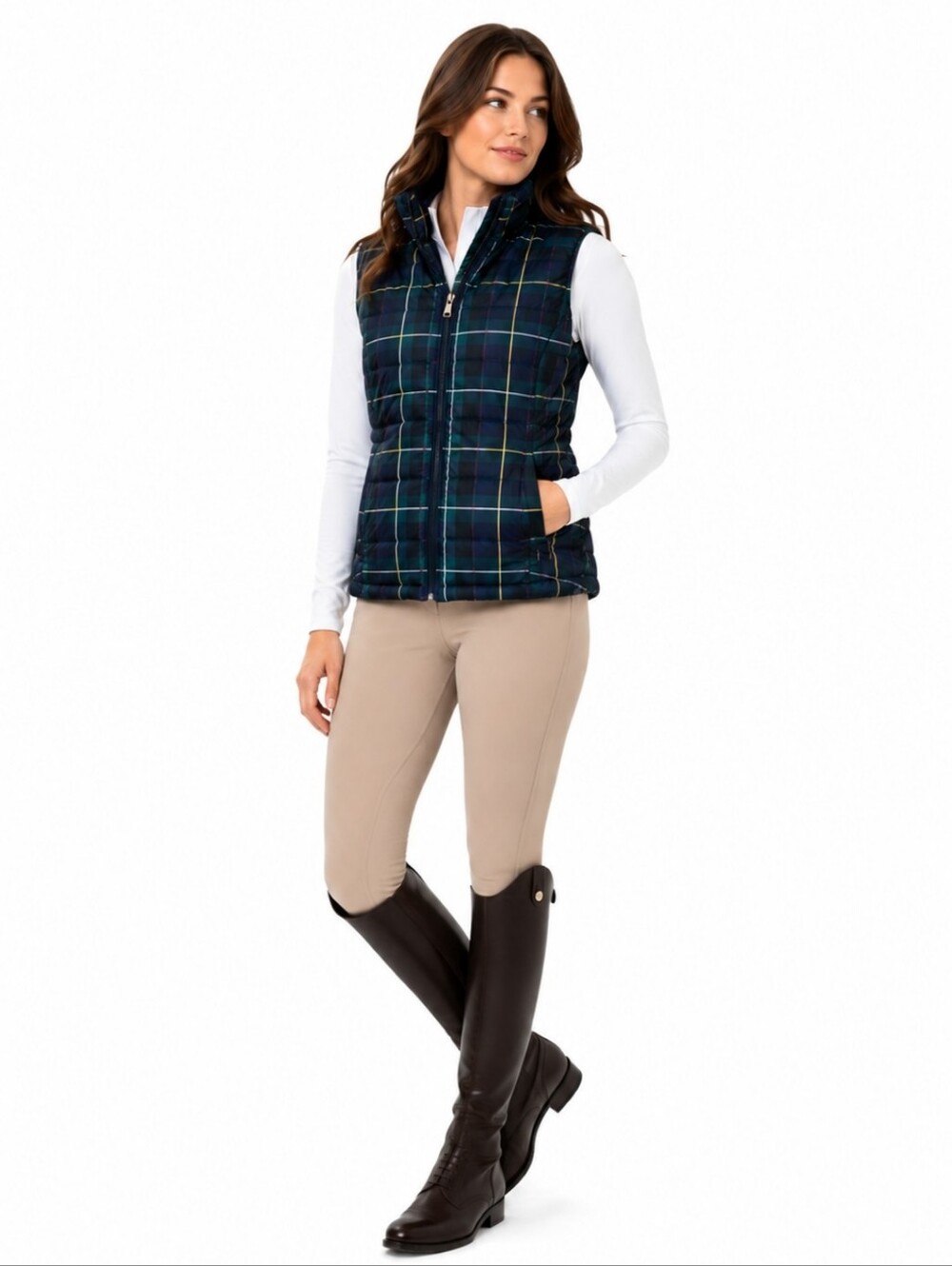 Talbots Petites Green Navy Plaid Puffer Down Preppy Vest Sz SmP
